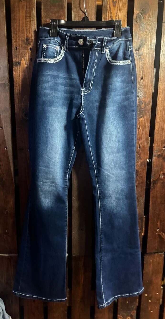 Dark Wash Flare Jeans with Embellished Skull Pockets Size 5/6